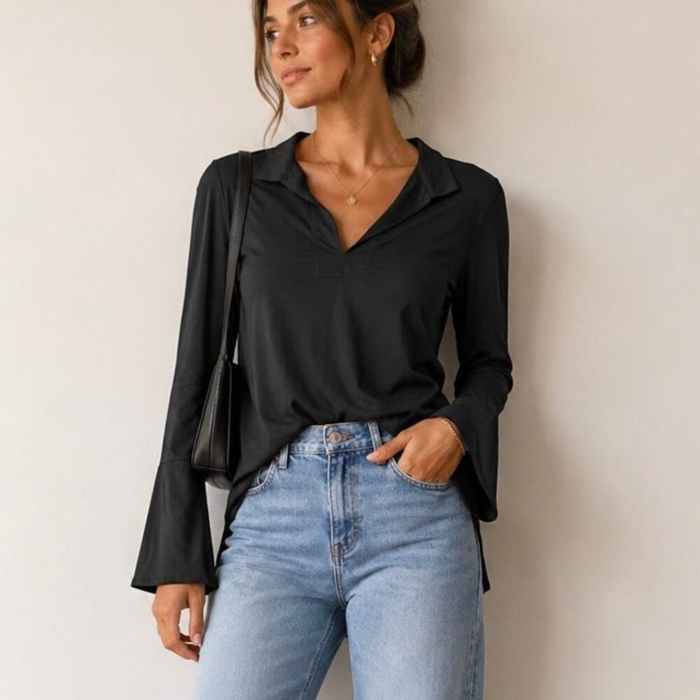 Dudley Stephens India Long Bell Sleeve Jersey Tunic Top Black Women's Size XS